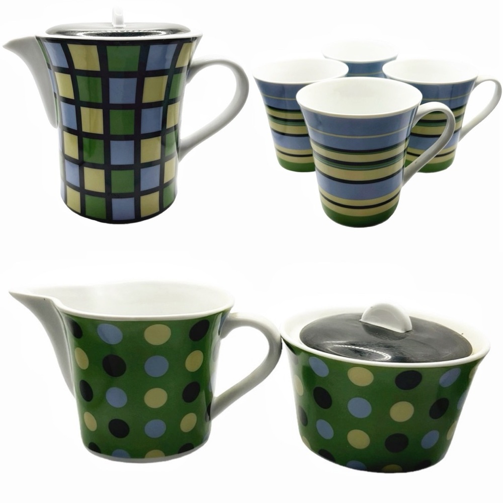 Complete Set of Life at Home Geometric Pattern Tea Pot, Cream, Sugar & Four Mugs